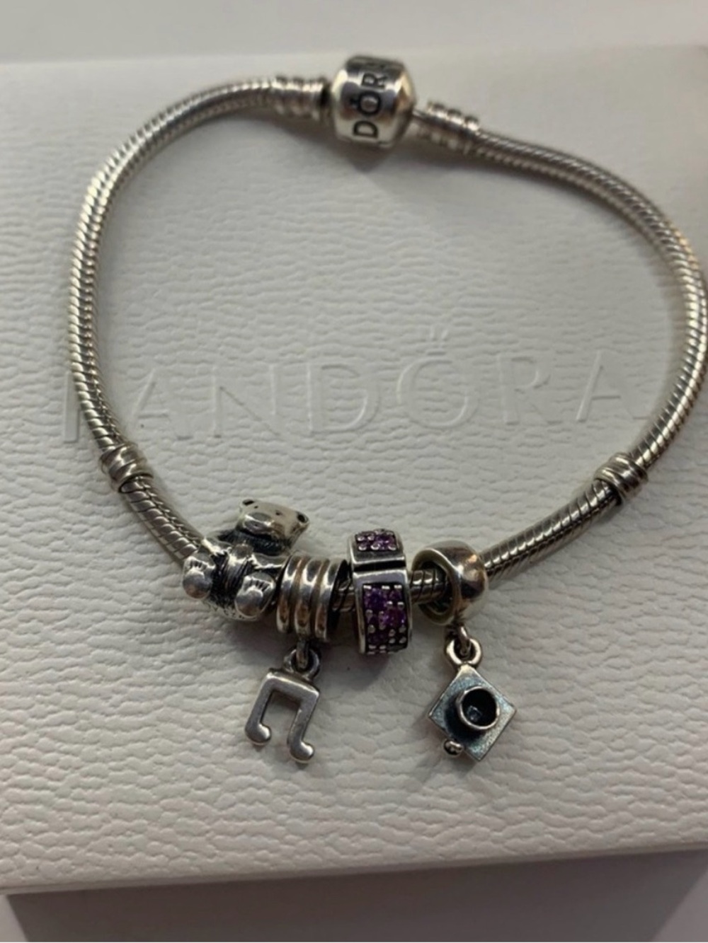 Pandora Silver Bracelet with Purple Crystal Spacer and Charms